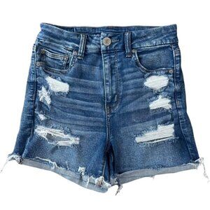 AMERICAN EAGLE Ripped Curvy Hi-Rise Shortie Ne(x)t Level Stretch Jean Shorts